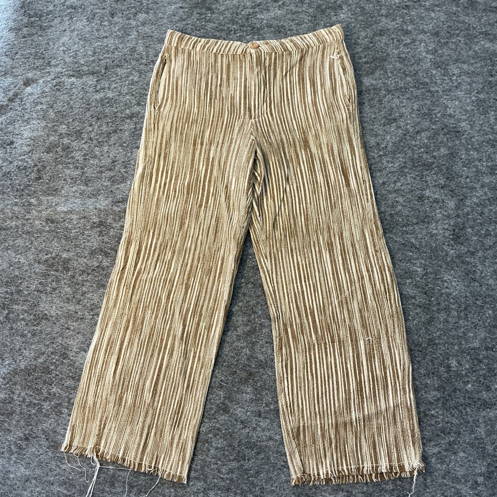 Free People Striped Tan High Rise Cropped Boho Lagenlook Wide-Leg Pants Size 6
